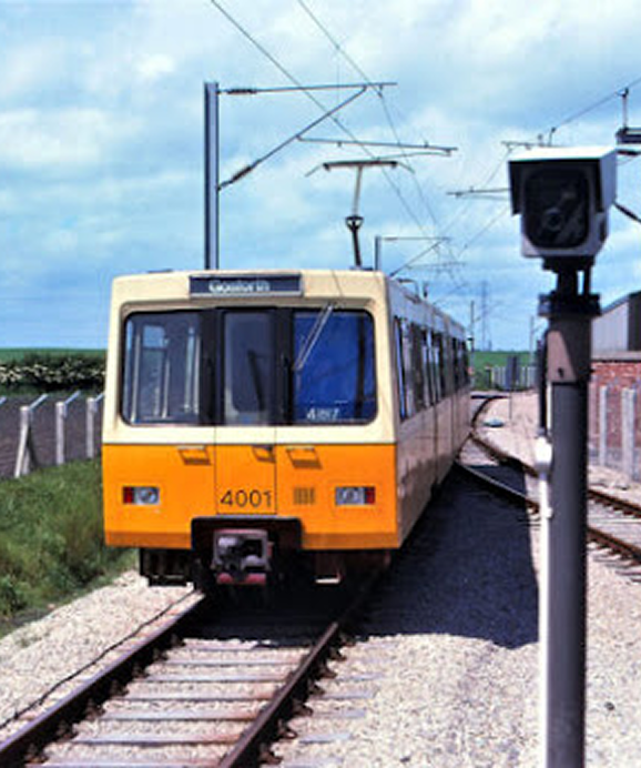 A vintage Tyne & Wear metro on the tracks