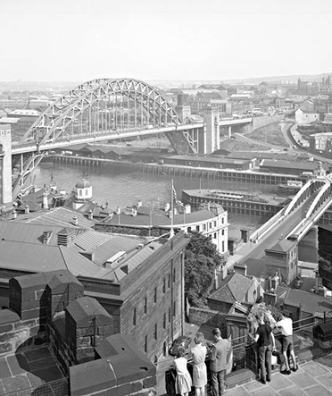 A black and white image of Newcastle Upon Tyne in the late 1950s
