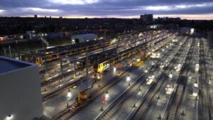 Metro depot at Gosforth at night 